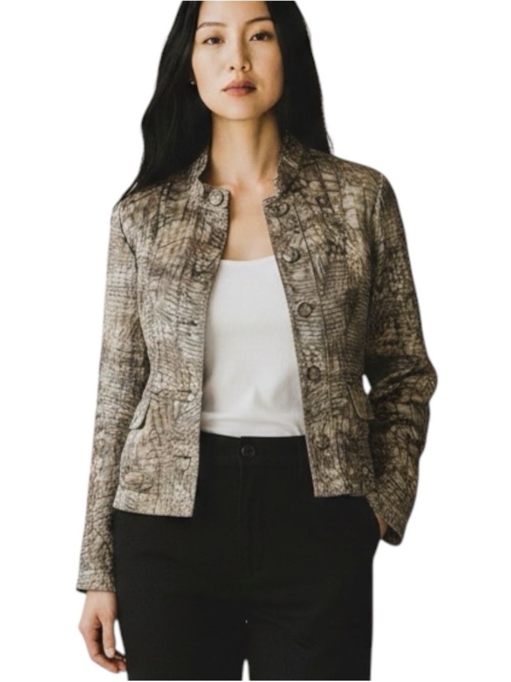 Chico’s Iridescent Brown Tan Animal Print Jacket NWOT Size 8 Coastal Grandma
